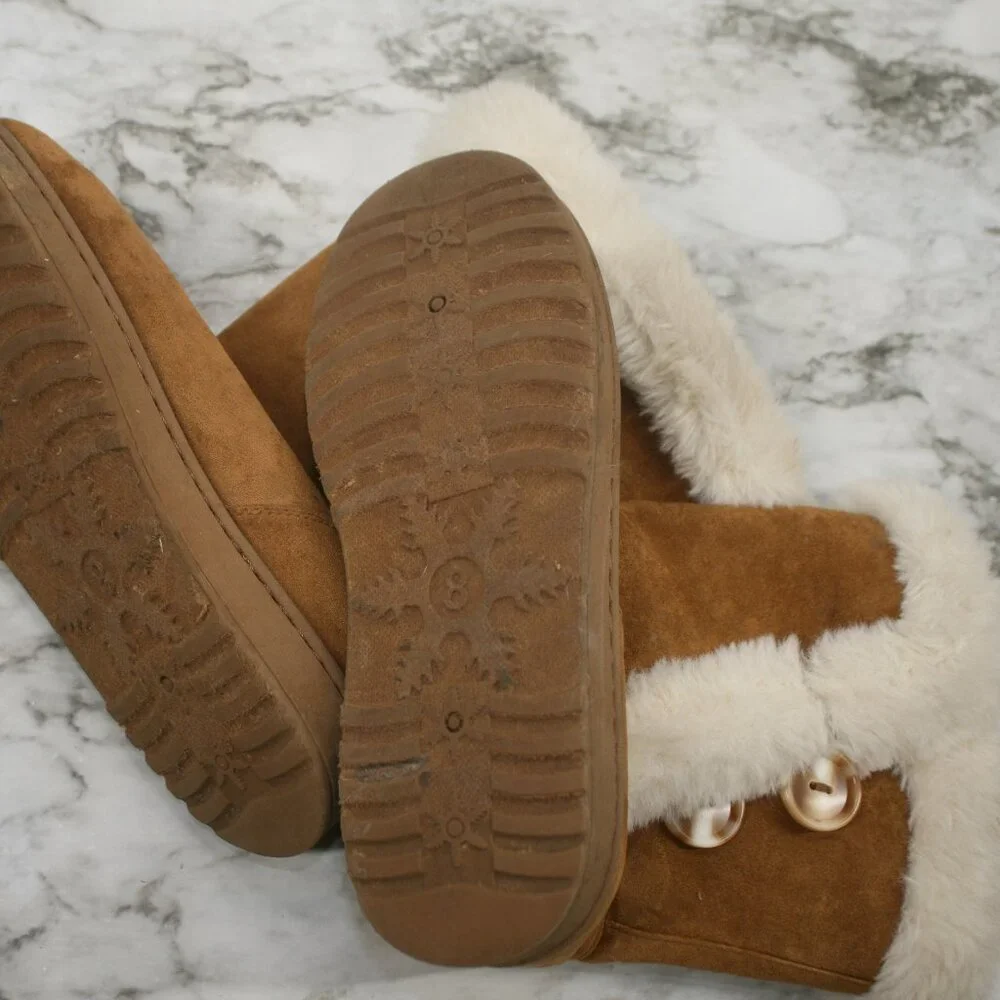 SO Boots Abigail Suede Winter Faux Fur Lined Snow Tan Button Chestnut Brown 8